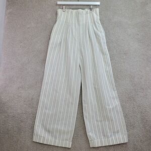 Rebecca Taylor Pants Womens 4 White Black Stripe Linen Blend Cuff Wide Leg Crop